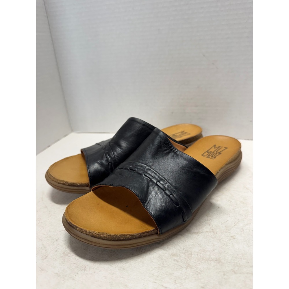Miz Mooz Mae Black Leather Whipstitch Slide Sandals Portugal Size 39 8.5